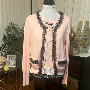 Berek Pink Cardigan with Black Ruffle Trim